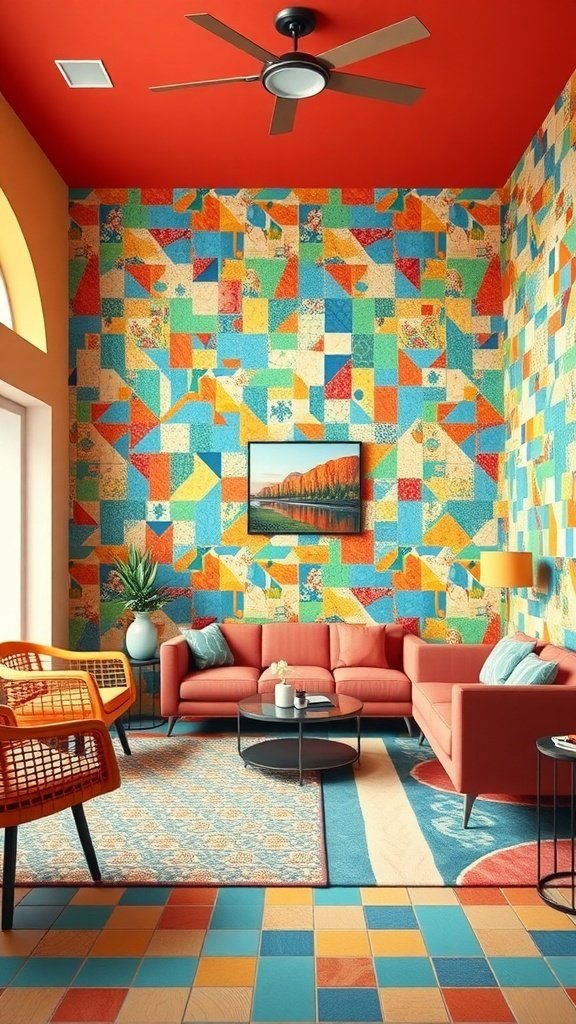 A modern living room featuring a colorful mosaic wall, coral sofa, and rattan chairs.