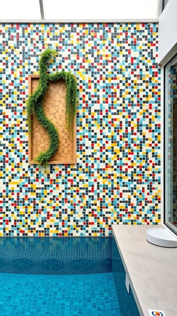 A colorful mosaic feature wall with various patterns and designs, showcasing a modern aesthetic.