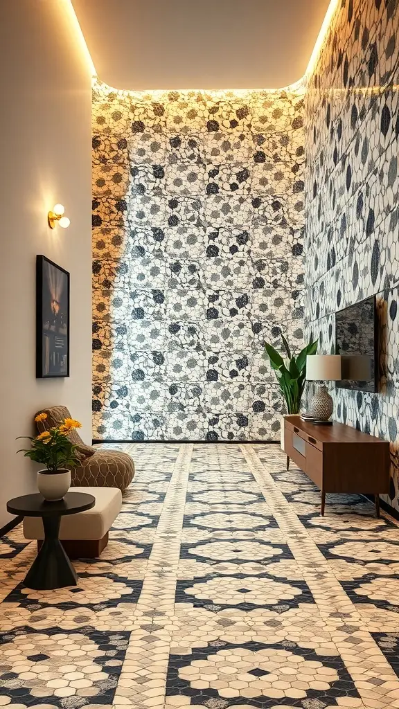 A modern room featuring geometric mosaic patterns on the walls and floor, with stylish furniture and plants.