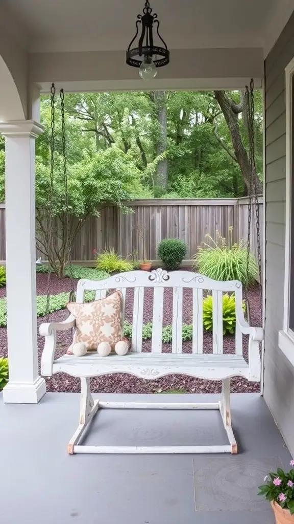 A white garden bench next to a 1920's porch swing in a lush garden setting.