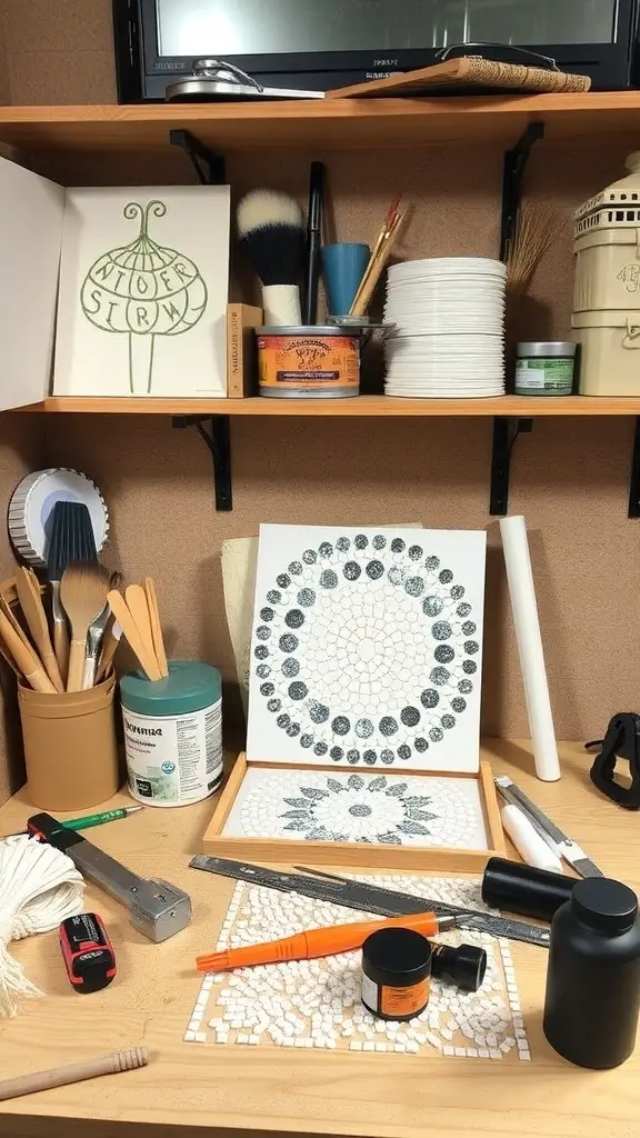 A cozy workshop with tools and materials for mosaic projects.