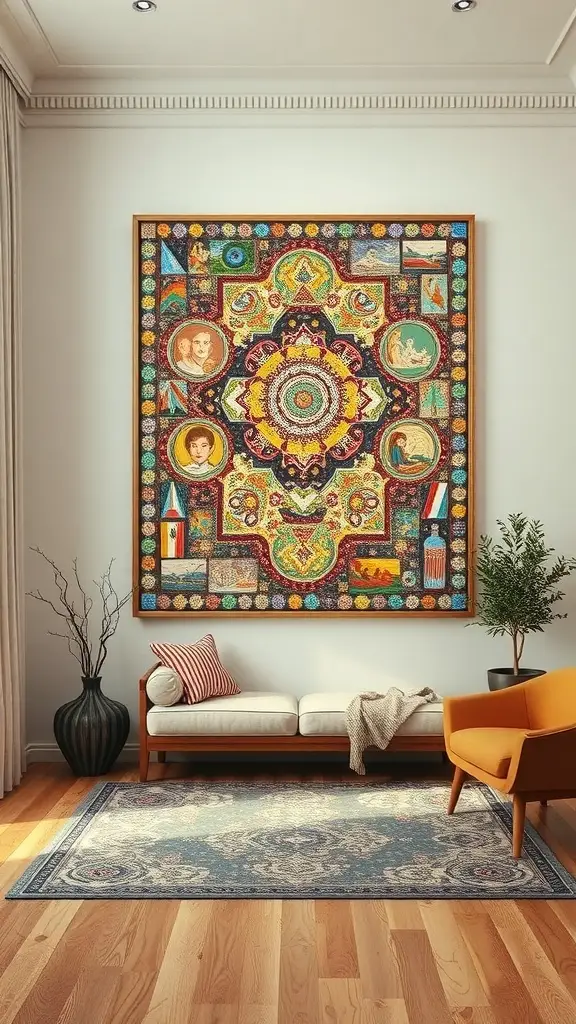 A vibrant mosaic artwork displayed above a sofa in a modern living room.