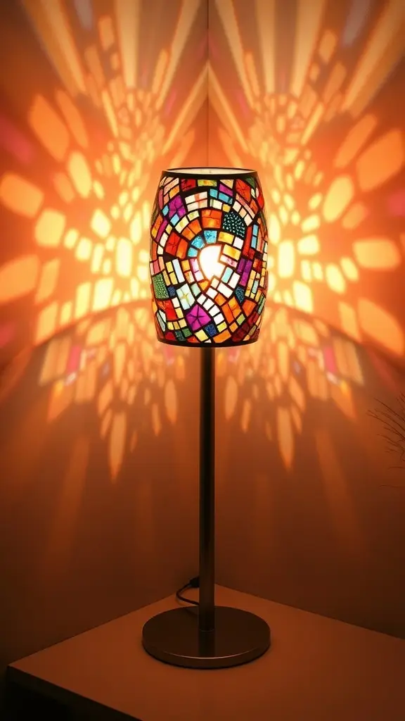 A colorful mosaic lamp casting patterns on the wall.