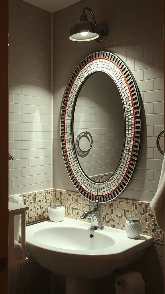 A stylish oval mosaic mirror in a modern bathroom setting.
