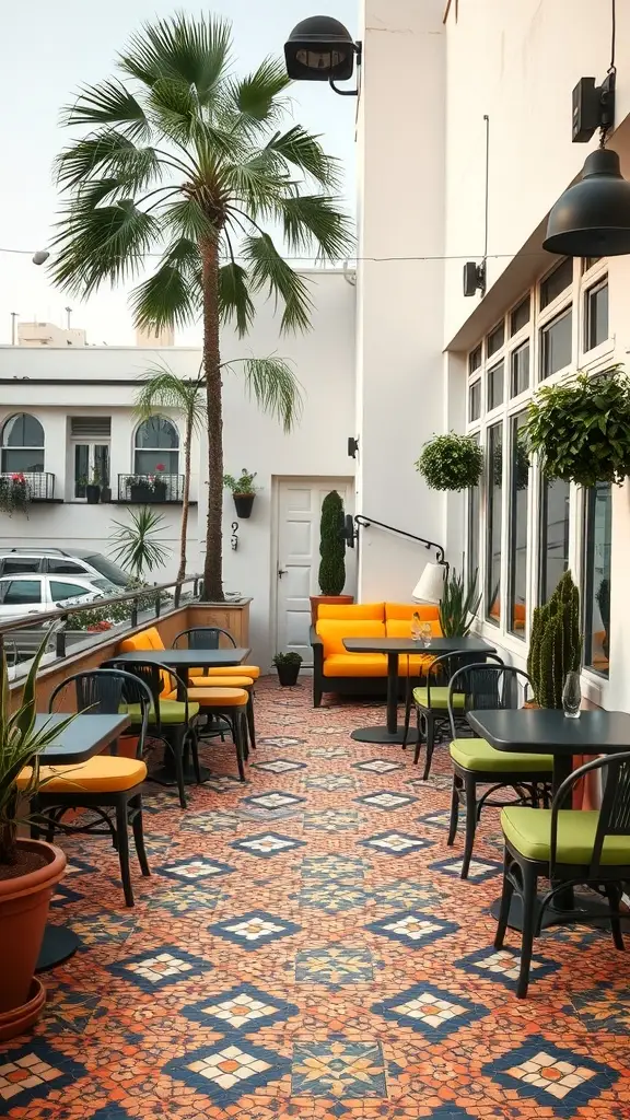 A vibrant outdoor patio with mosaic tiles, featuring orange and blue patterns, surrounded by plants and modern furniture.