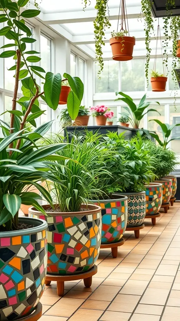 Colorful mosaic planters filled with various indoor plants in a bright, sunlit room.