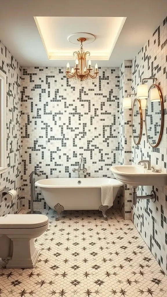 A stylish bathroom featuring mosaic flooring and walls in black and white, with a vintage bathtub and elegant chandelier.