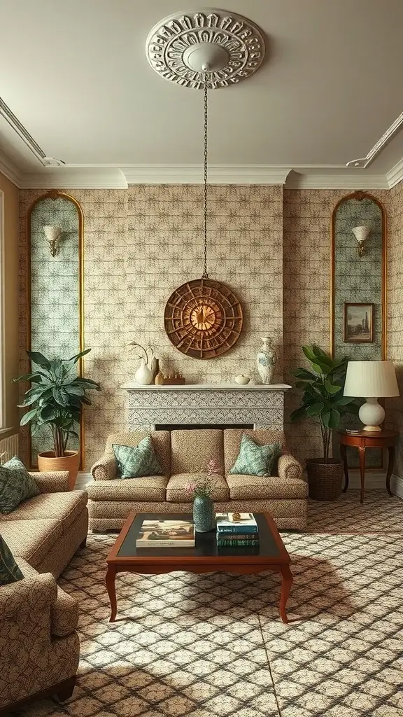 Stylish living room with mosaic walls and floral floor design