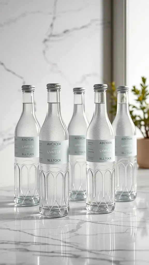 A collection of stylish water bottles with Art Deco designs on a marble surface.