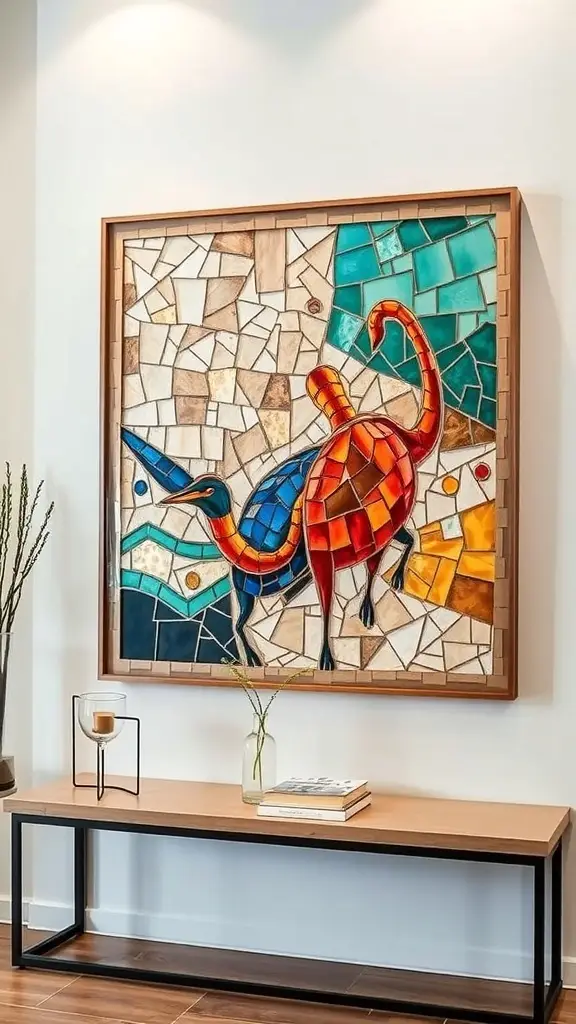 A collection of mosaic frames displaying various photographs on a wall above a wooden table.