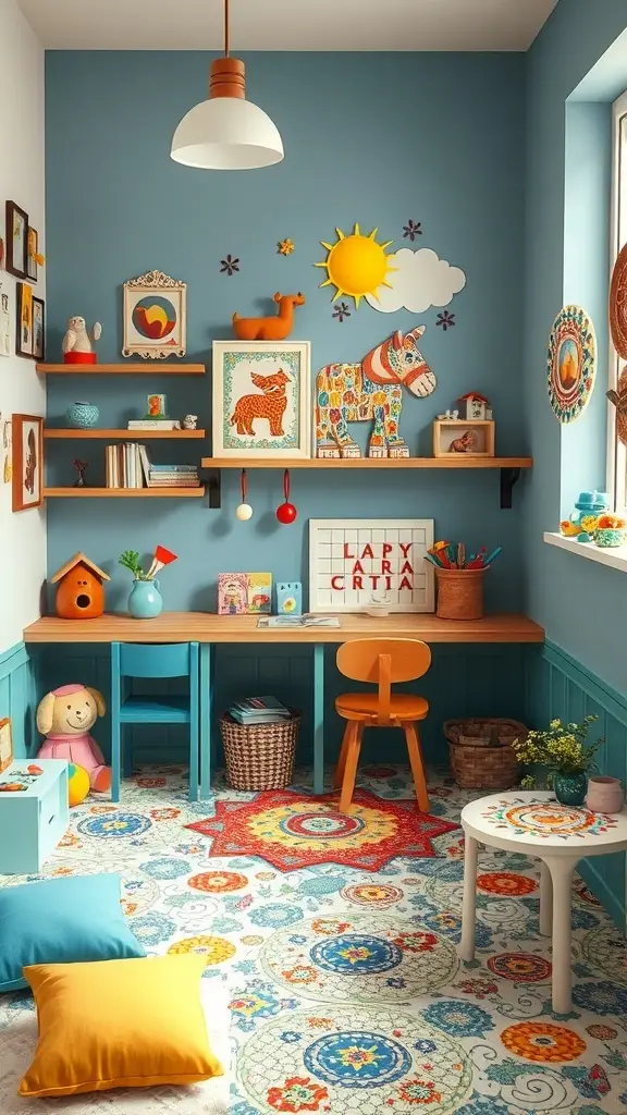 Colorful children's room with mosaic art on the wall, featuring playful shapes and bright colors.