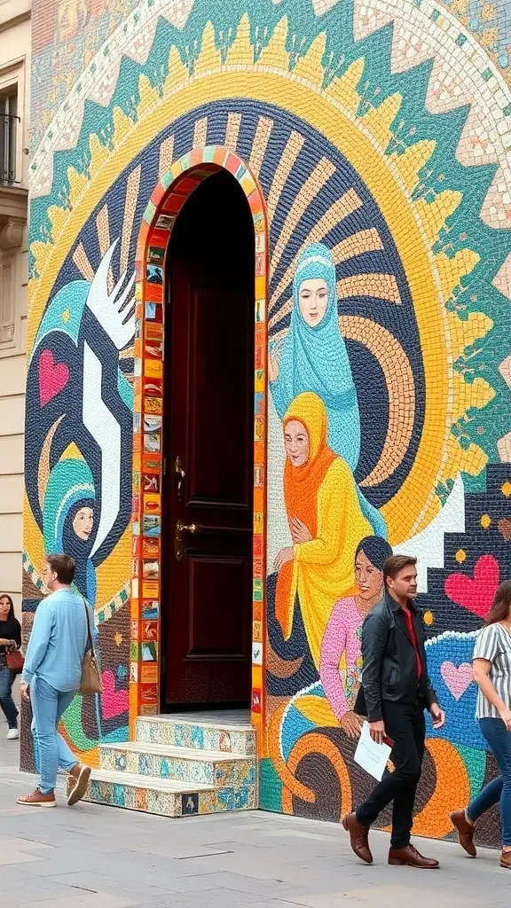 A colorful mosaic wall with various tiles and a cozy setup.