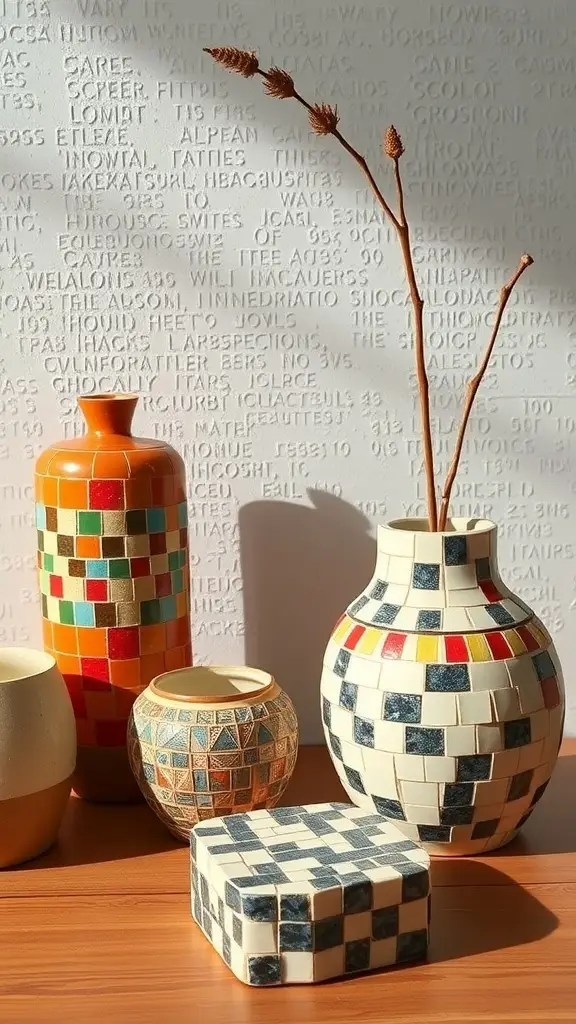 A collection of colorful mosaic vases and accessories on a wooden surface.