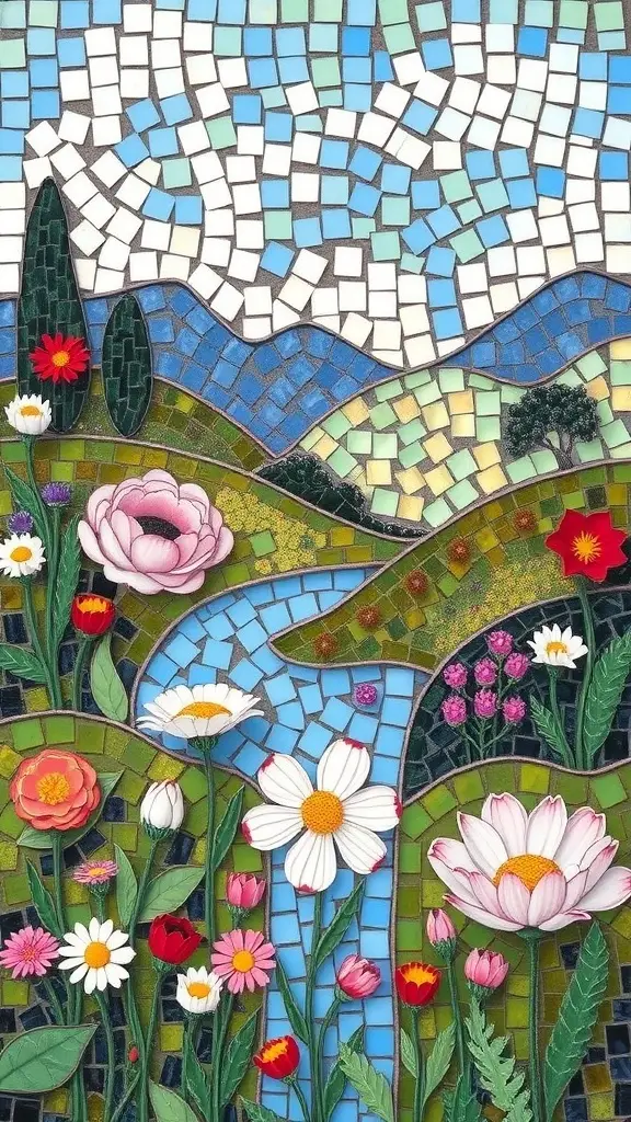 A colorful mosaic depicting a garden with flowers and hills under a blue sky.