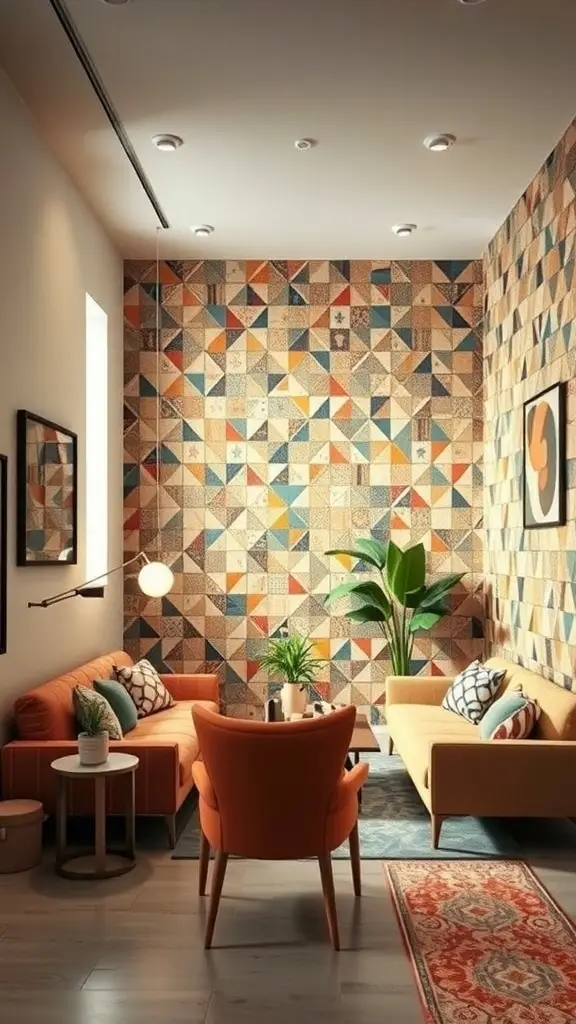 A modern living room featuring a colorful mosaic wall with geometric patterns, complemented by orange sofas and plants.