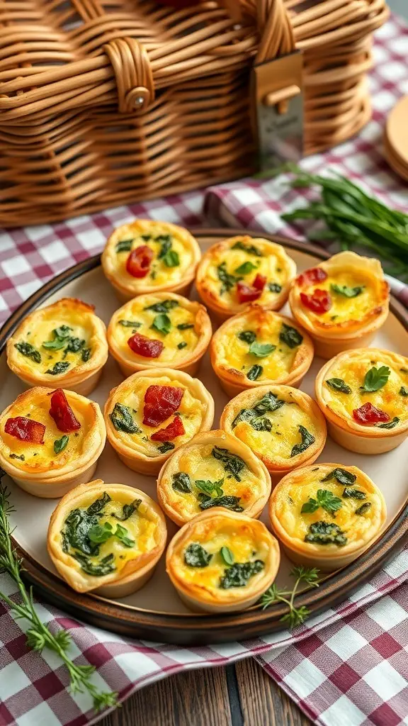 A plate of mini quiches with a picnic basket in the background