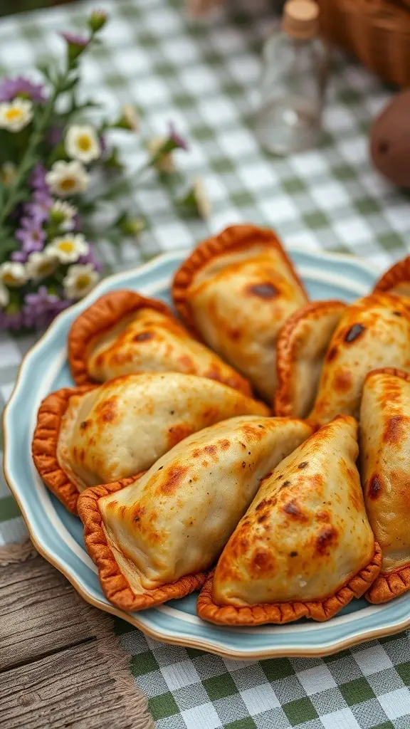 A plate of golden brown beef empanadas on a picnic blanket