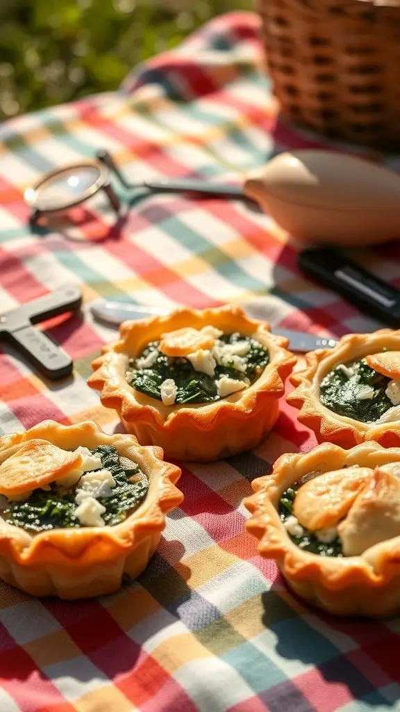 Mini spinach and feta pies on a picnic blanket