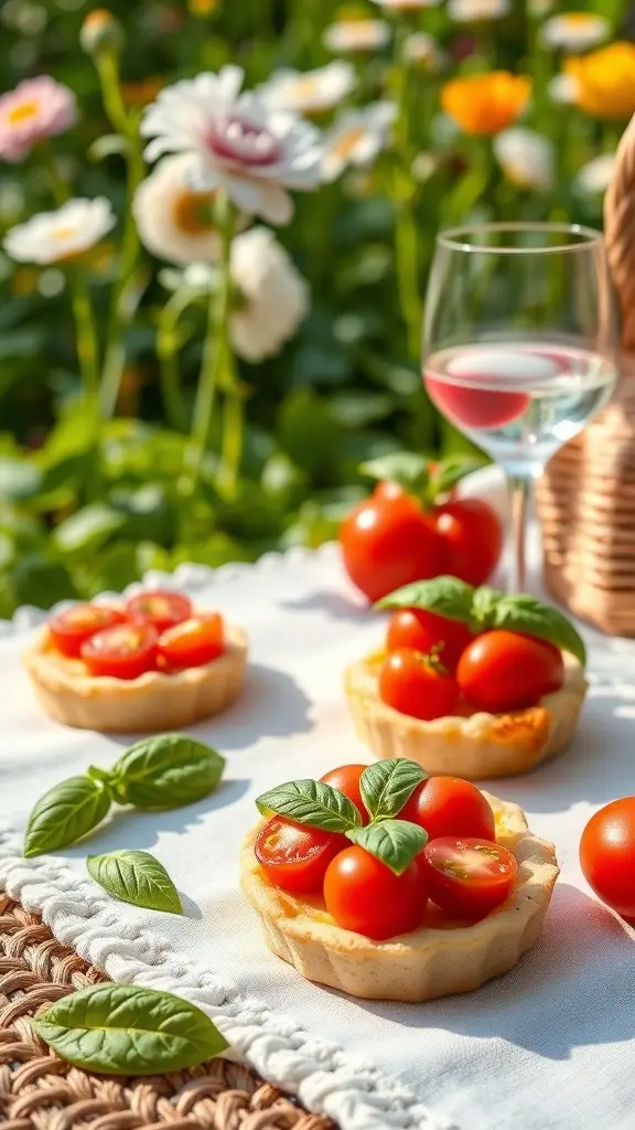 Mini savory pies filled with tomatoes and basil on a picnic blanket surrounded by flowers.