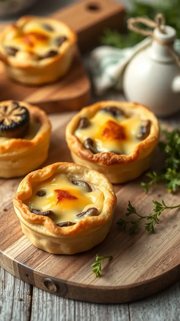 Mini savory mushroom and cheese pies on a wooden board