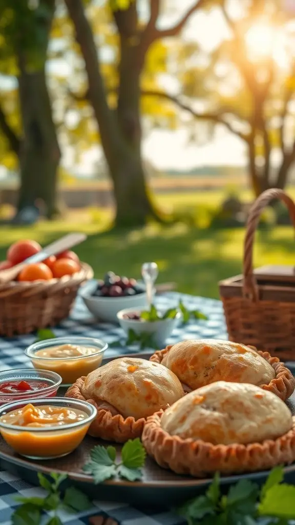 A picnic scene featuring mini savory pies, a basket of fruits, and dipping sauces, set against a sunny outdoor backdrop.