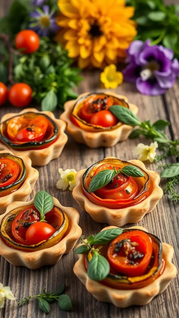 Mini savory ratatouille tarts with colorful vegetables and fresh herbs