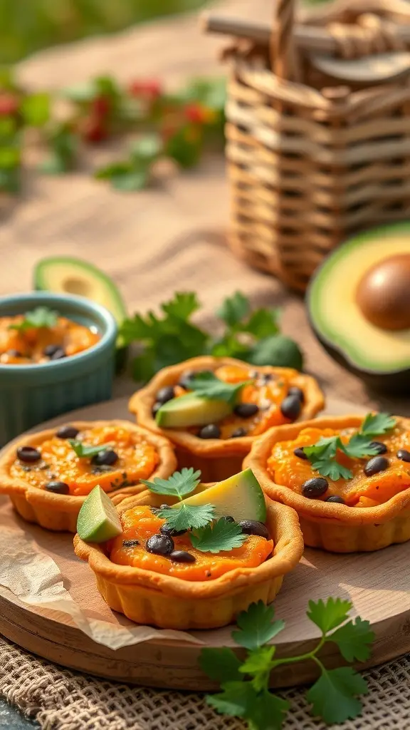 Mini savory pies filled with sweet potato and black beans, garnished with cilantro and lime, set on a picnic table.