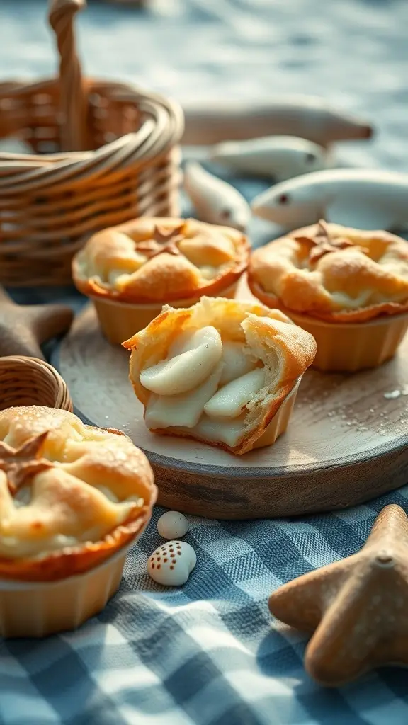 Mini fish pies with star-shaped toppings on a wooden platter