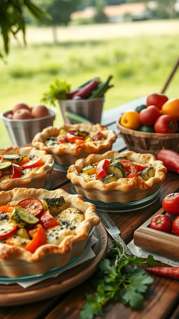Mini savory pies filled with colorful vegetables on a picnic table