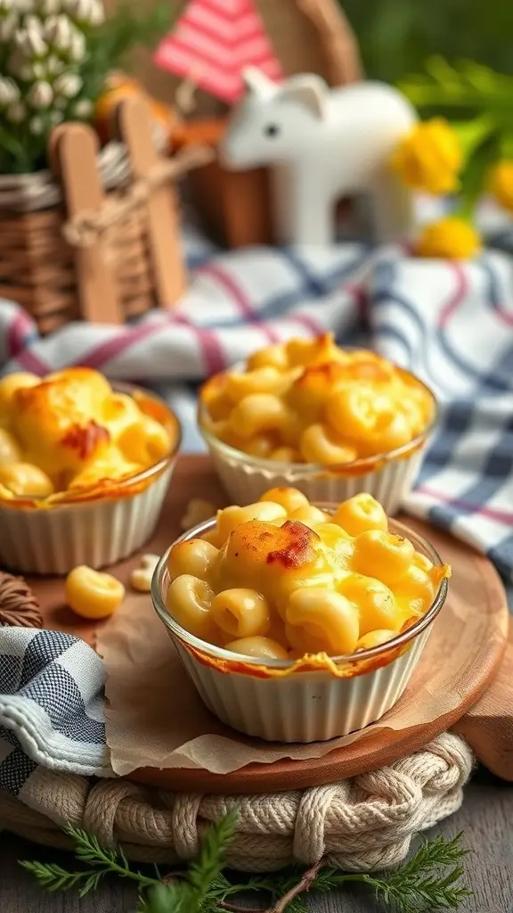 Mini Mac and Cheese Pies served on a wooden platter