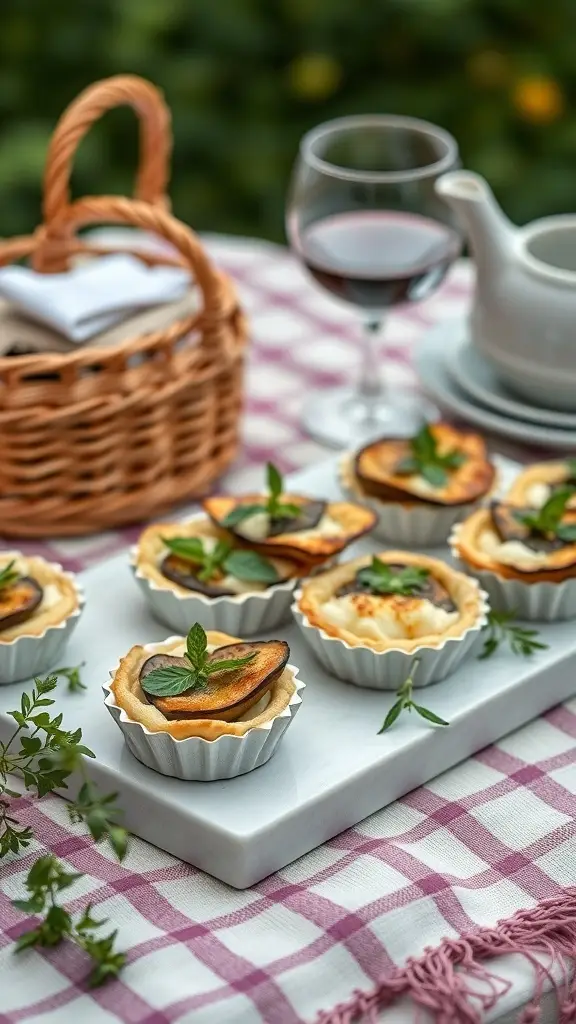 Mini savory eggplant and ricotta pies on a picnic table
