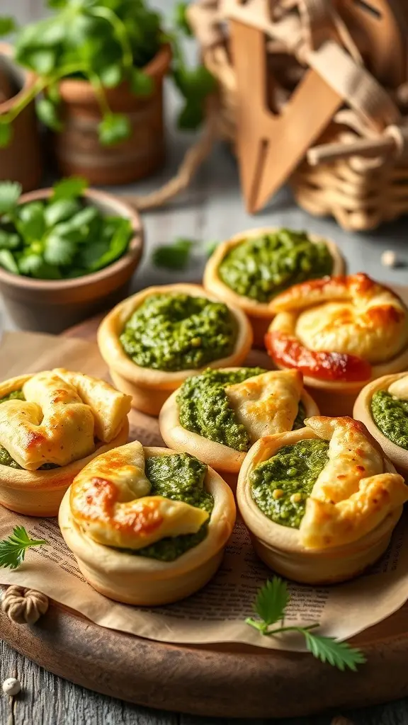 Mini pesto chicken pies arranged on a wooden platter with fresh herbs and a picnic basket in the background.