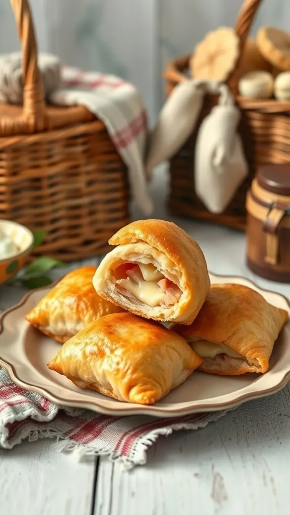 A plate of golden ham and cheese pockets, perfect for a picnic.