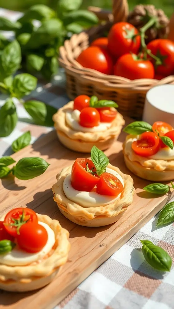 Mini Caprese pies topped with cherry tomatoes and basil on a wooden board