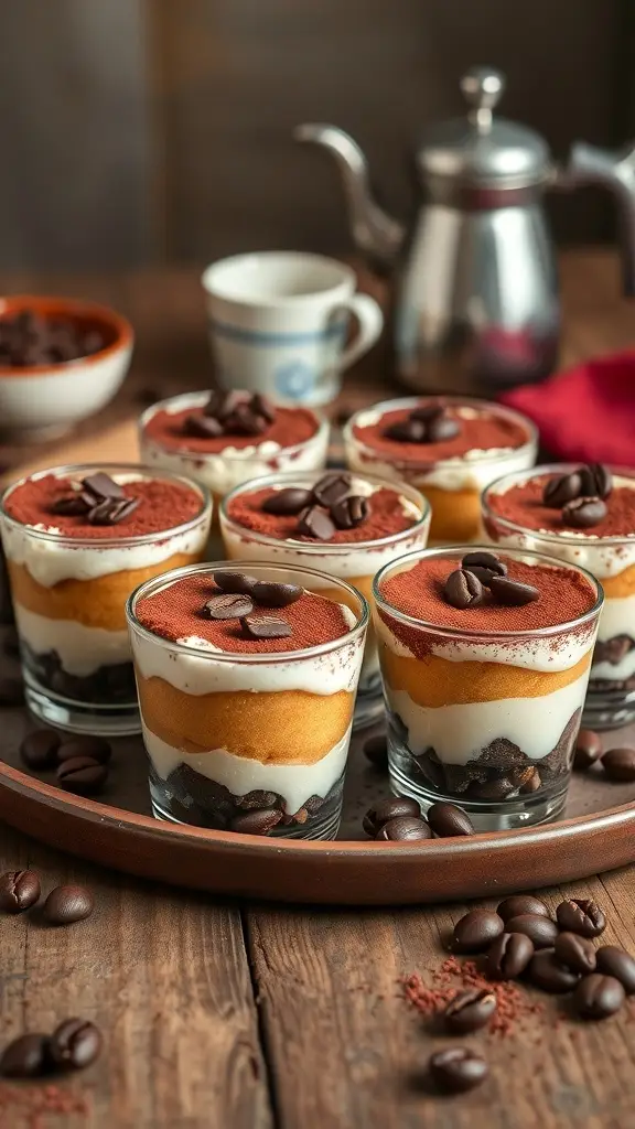 Miniature tiramisu cups layered with coffee-soaked ladyfingers, mascarpone cream, and cocoa powder.
