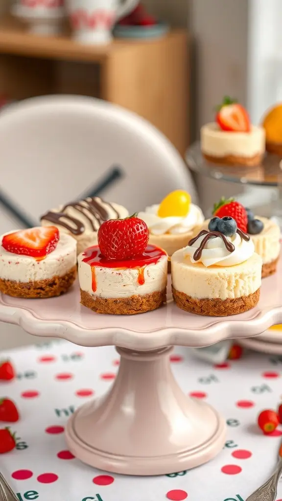 A display of mini cheesecakes topped with fruits and drizzles on a pink cake stand.