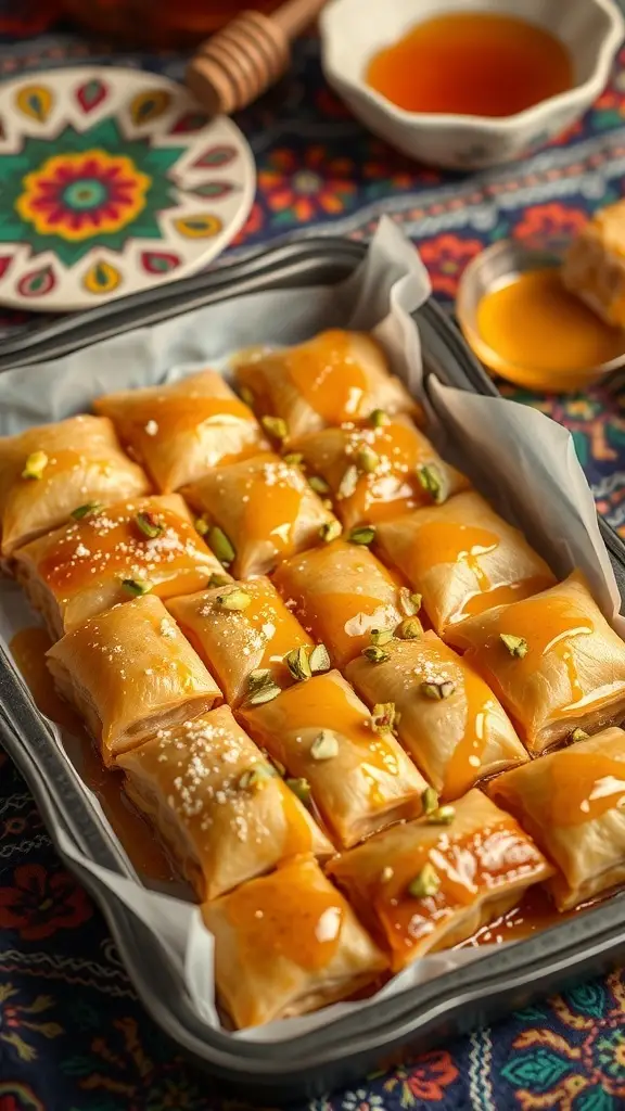 A tray of bite-sized baklava drizzled with syrup and topped with nuts.
