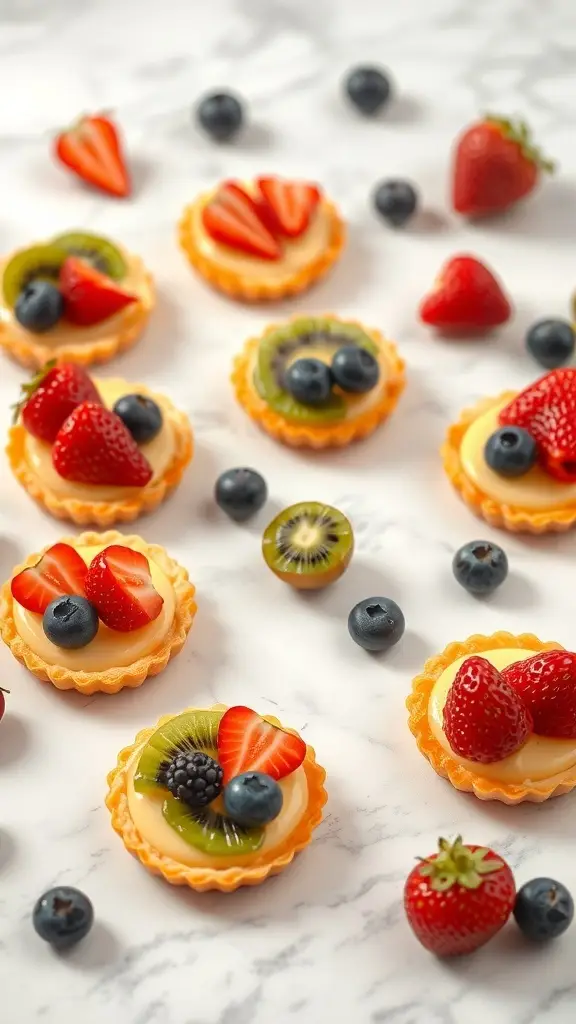 Colorful miniature fruit tarts with various fresh fruits on a marble surface.