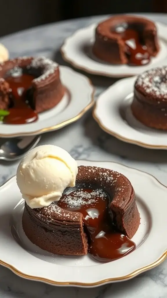Chocolate lava cakes served with vanilla ice cream on a decorative plate.
