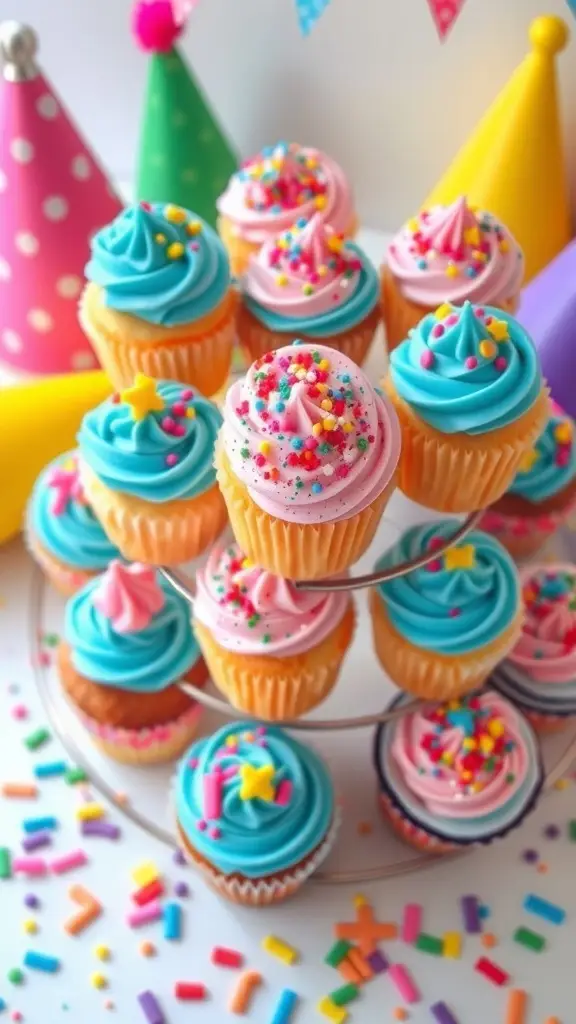 A display of colorful mini cupcakes with swirls of frosting and sprinkles.