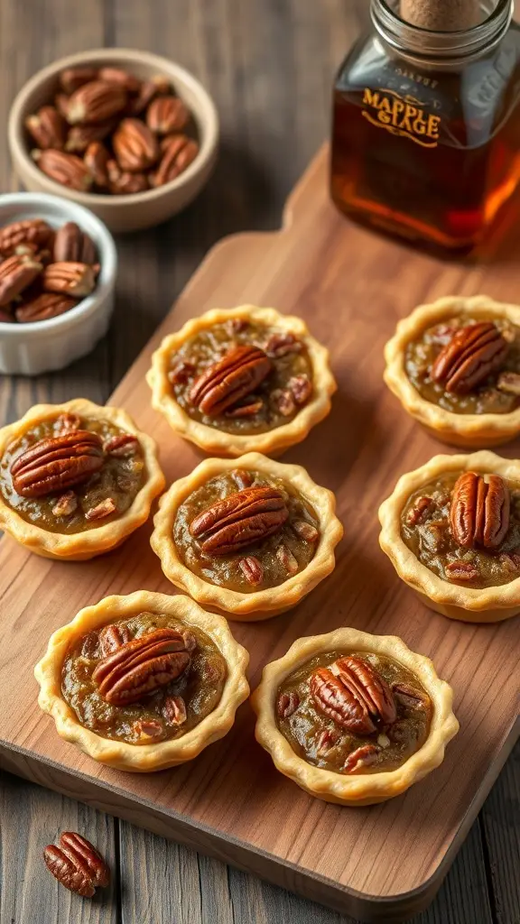 Mini pecan pies on a wooden board with pecans and maple syrup.