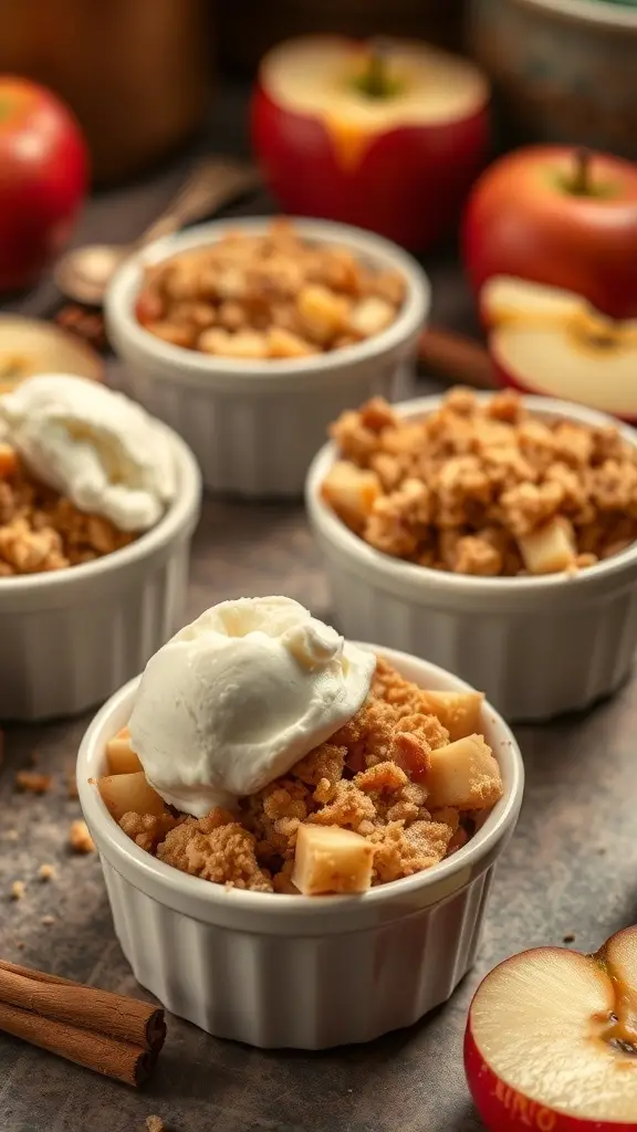 Mini apple crisps in ramekins topped with ice cream and surrounded by fresh apples and cinnamon sticks.