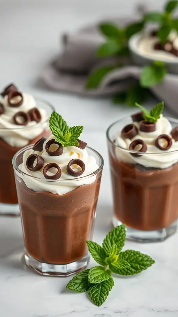 Mini chocolate mousse cups topped with whipped cream and chocolate curls, garnished with mint leaves.