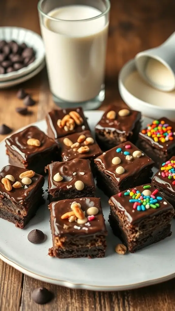 A plate of mini brownie bites topped with nuts and sprinkles, alongside a glass of milk.