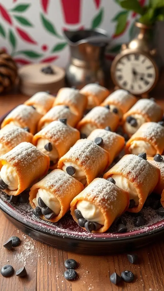 A platter of mini cannoli filled with ricotta and chocolate chips, dusted with powdered sugar.