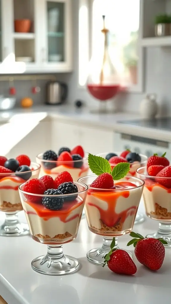 No-bake mini cheesecakes topped with fresh berries in clear cups