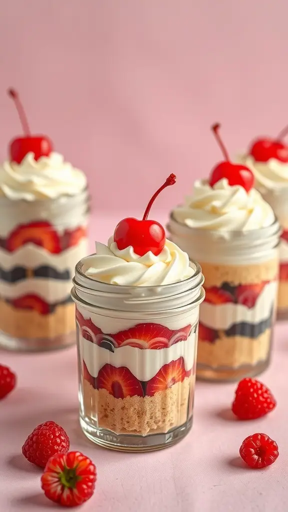 Mini trifles in jars with layers of sponge cake, whipped cream, and fresh berries topped with cherries.