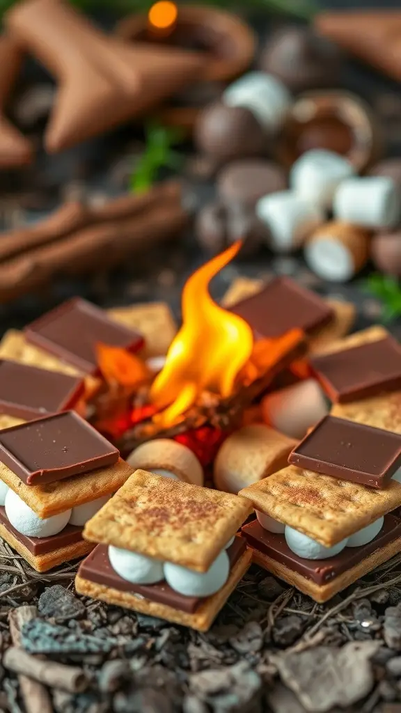Mini s'mores with graham crackers, marshmallows, and chocolate near a campfire.