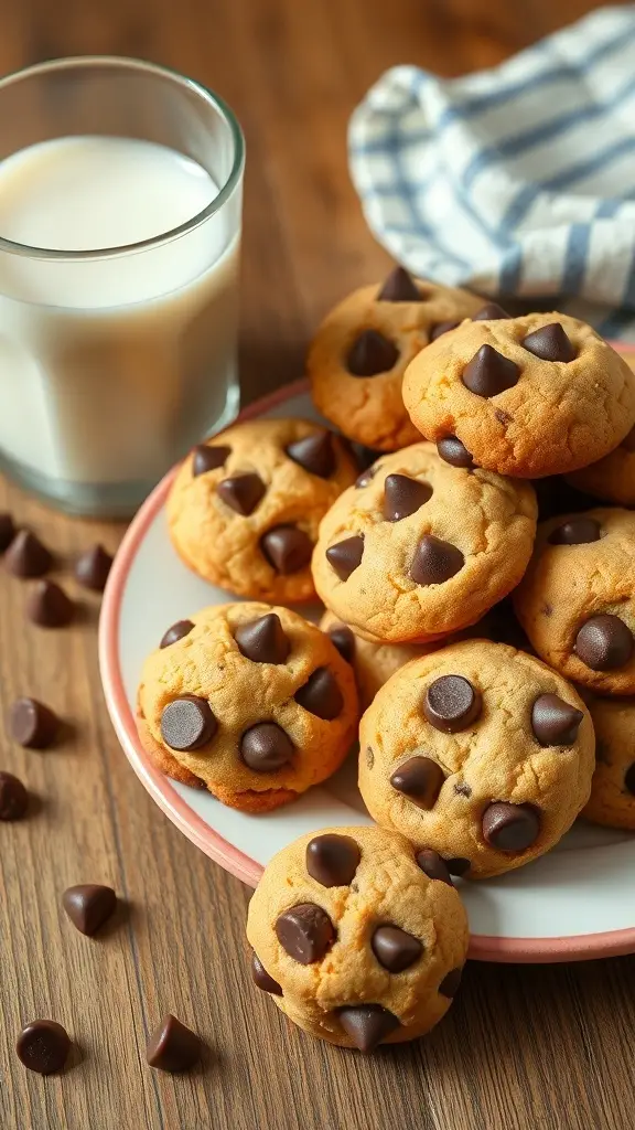 A plate of mini chocolate chip cookies with a glass of milk