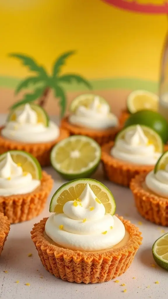 Mini key lime pies topped with whipped cream and lime slices